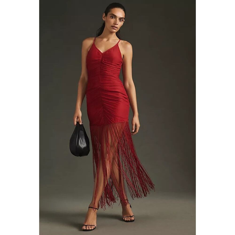 Anthropologie Vineet Bahl Women Red Fringe Trim Cocktail Dress Size XS. NEW!